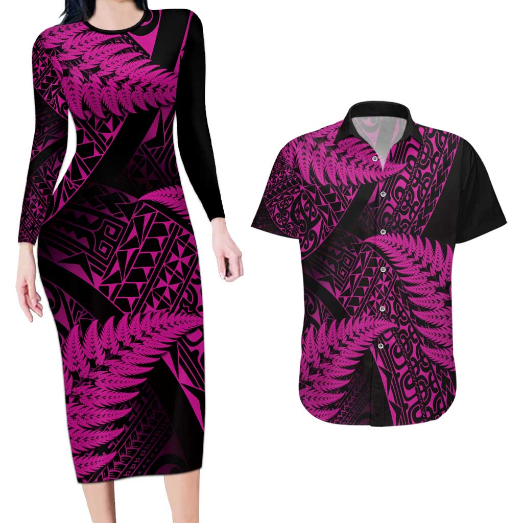 New Zealand Rugby Pacific Personalised Couples Matching Long Sleeve Bodycon Dress and Hawaiian Shirt All Pink Maori Pasifika Fern Pattern LT9 Pink - Polynesian Pride