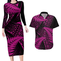 New Zealand Rugby Pacific Personalised Couples Matching Long Sleeve Bodycon Dress and Hawaiian Shirt All Pink Maori Pasifika Fern Pattern LT9 Pink - Polynesian Pride