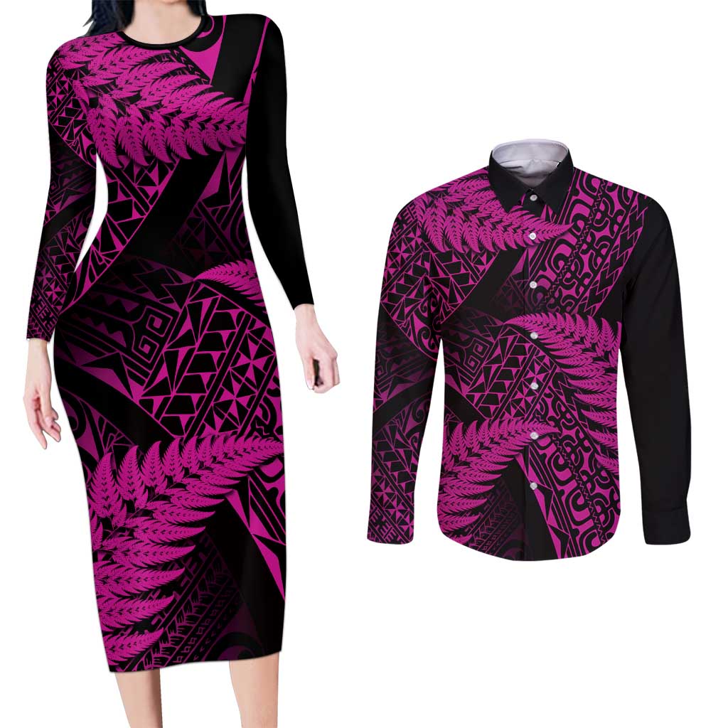 New Zealand Rugby Pacific Personalised Couples Matching Long Sleeve Bodycon Dress and Long Sleeve Button Shirt All Pink Maori Pasifika Fern Pattern LT9 Pink - Polynesian Pride