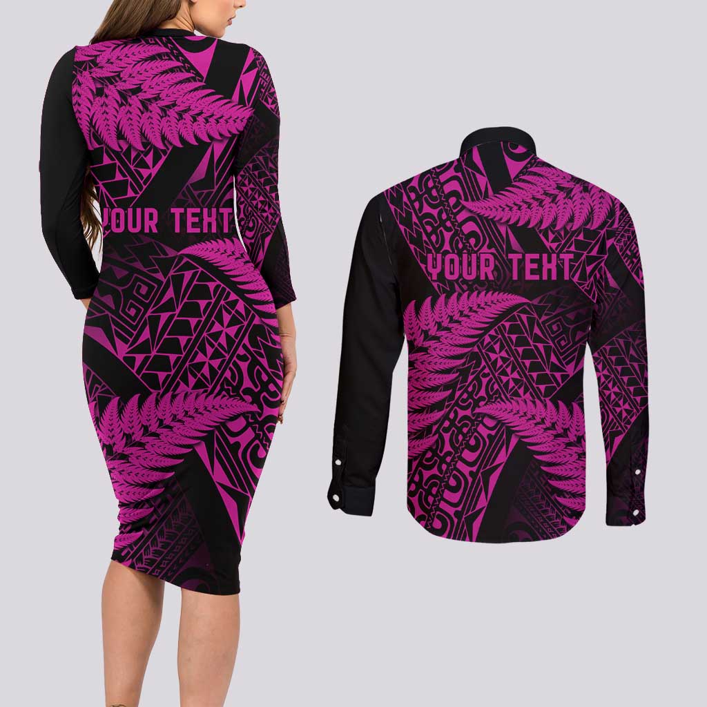 New Zealand Rugby Pacific Personalised Couples Matching Long Sleeve Bodycon Dress and Long Sleeve Button Shirt All Pink Maori Pasifika Fern Pattern LT9 - Polynesian Pride