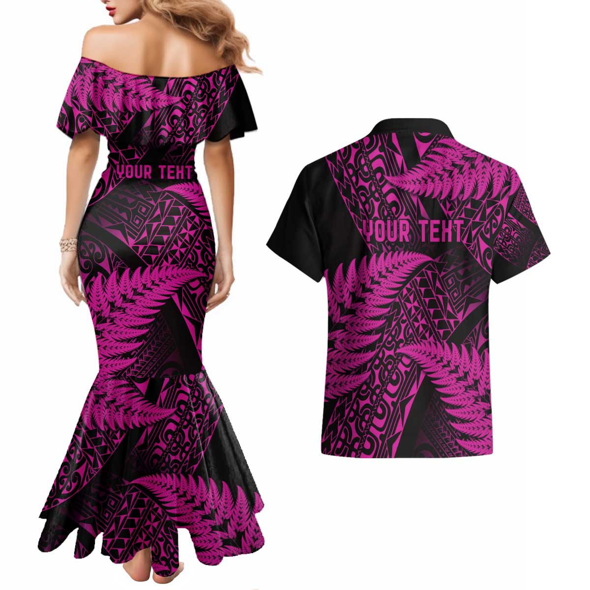 New Zealand Rugby Pacific Personalised Couples Matching Mermaid Dress and Hawaiian Shirt All Pink Maori Pasifika Fern Pattern LT9 - Polynesian Pride