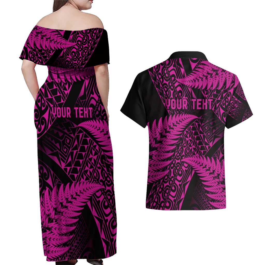 New Zealand Rugby Pacific Personalised Couples Matching Off Shoulder Maxi Dress and Hawaiian Shirt All Pink Maori Pasifika Fern Pattern LT9 - Polynesian Pride