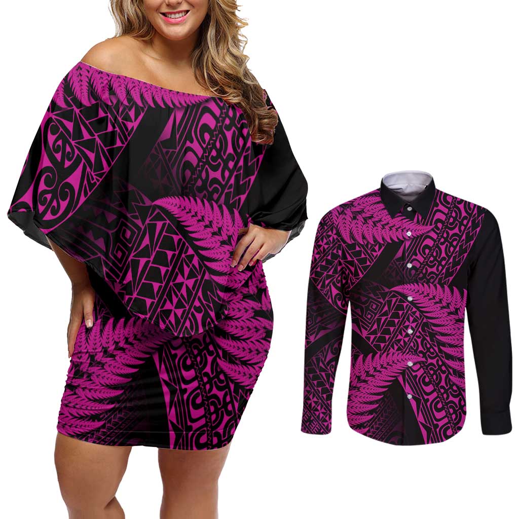 New Zealand Rugby Pacific Personalised Couples Matching Off Shoulder Short Dress and Long Sleeve Button Shirt All Pink Maori Pasifika Fern Pattern LT9 Pink - Polynesian Pride