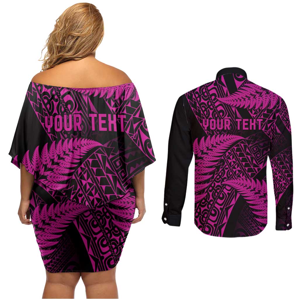 New Zealand Rugby Pacific Personalised Couples Matching Off Shoulder Short Dress and Long Sleeve Button Shirt All Pink Maori Pasifika Fern Pattern LT9 - Polynesian Pride