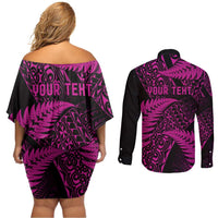New Zealand Rugby Pacific Personalised Couples Matching Off Shoulder Short Dress and Long Sleeve Button Shirt All Pink Maori Pasifika Fern Pattern LT9 - Polynesian Pride