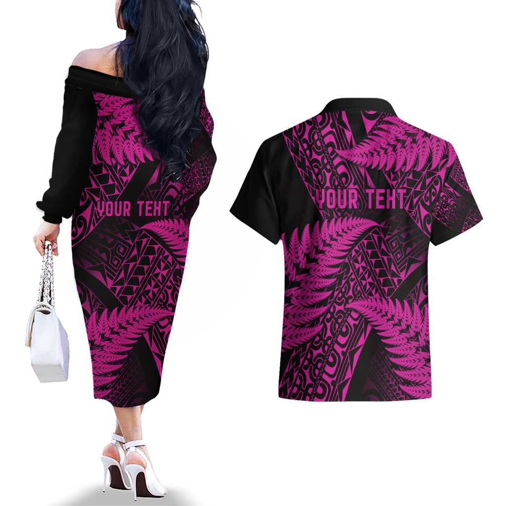 New Zealand Rugby Pacific Personalised Couples Matching Off The Shoulder Long Sleeve Dress and Hawaiian Shirt All Pink Maori Pasifika Fern Pattern LT9 - Polynesian Pride