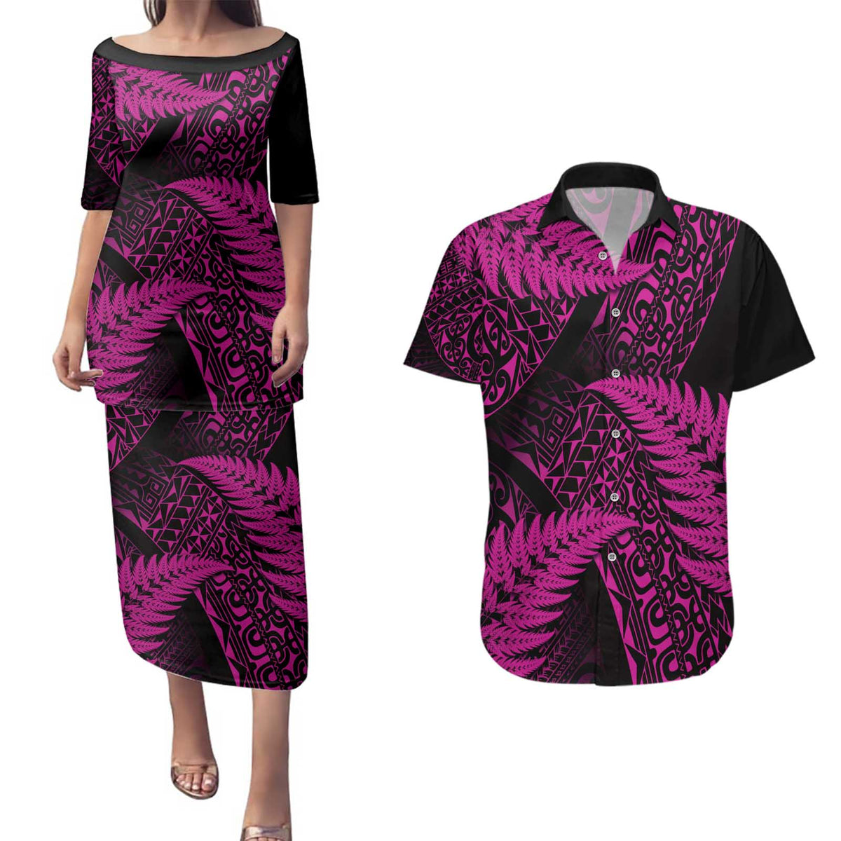 New Zealand Rugby Pacific Personalised Couples Matching Puletasi and Hawaiian Shirt All Pink Maori Pasifika Fern Pattern LT9 Pink - Polynesian Pride
