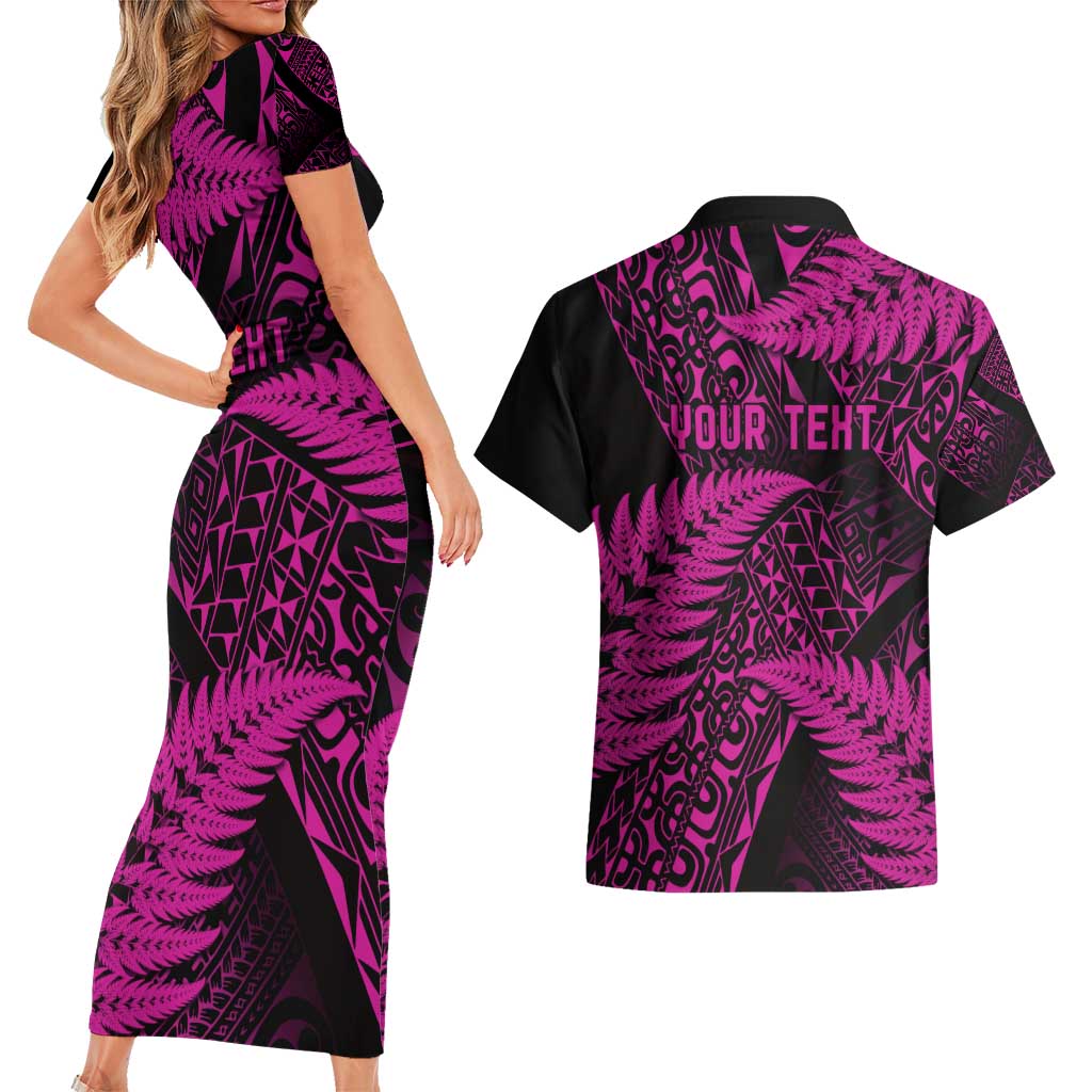 New Zealand Rugby Pacific Personalised Couples Matching Short Sleeve Bodycon Dress and Hawaiian Shirt All Pink Maori Pasifika Fern Pattern LT9 - Polynesian Pride