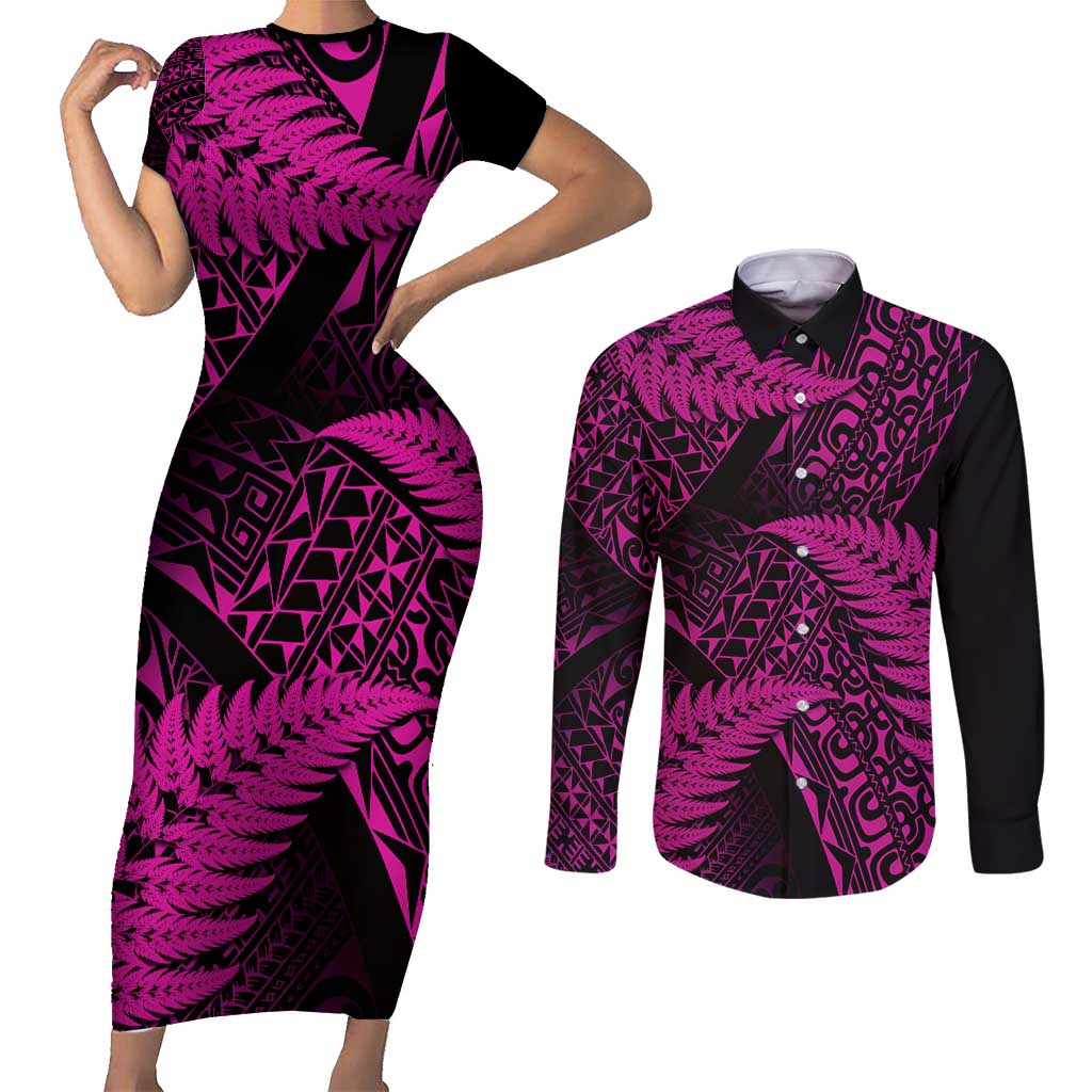 New Zealand Rugby Pacific Personalised Couples Matching Short Sleeve Bodycon Dress and Long Sleeve Button Shirt All Pink Maori Pasifika Fern Pattern LT9 Pink - Polynesian Pride
