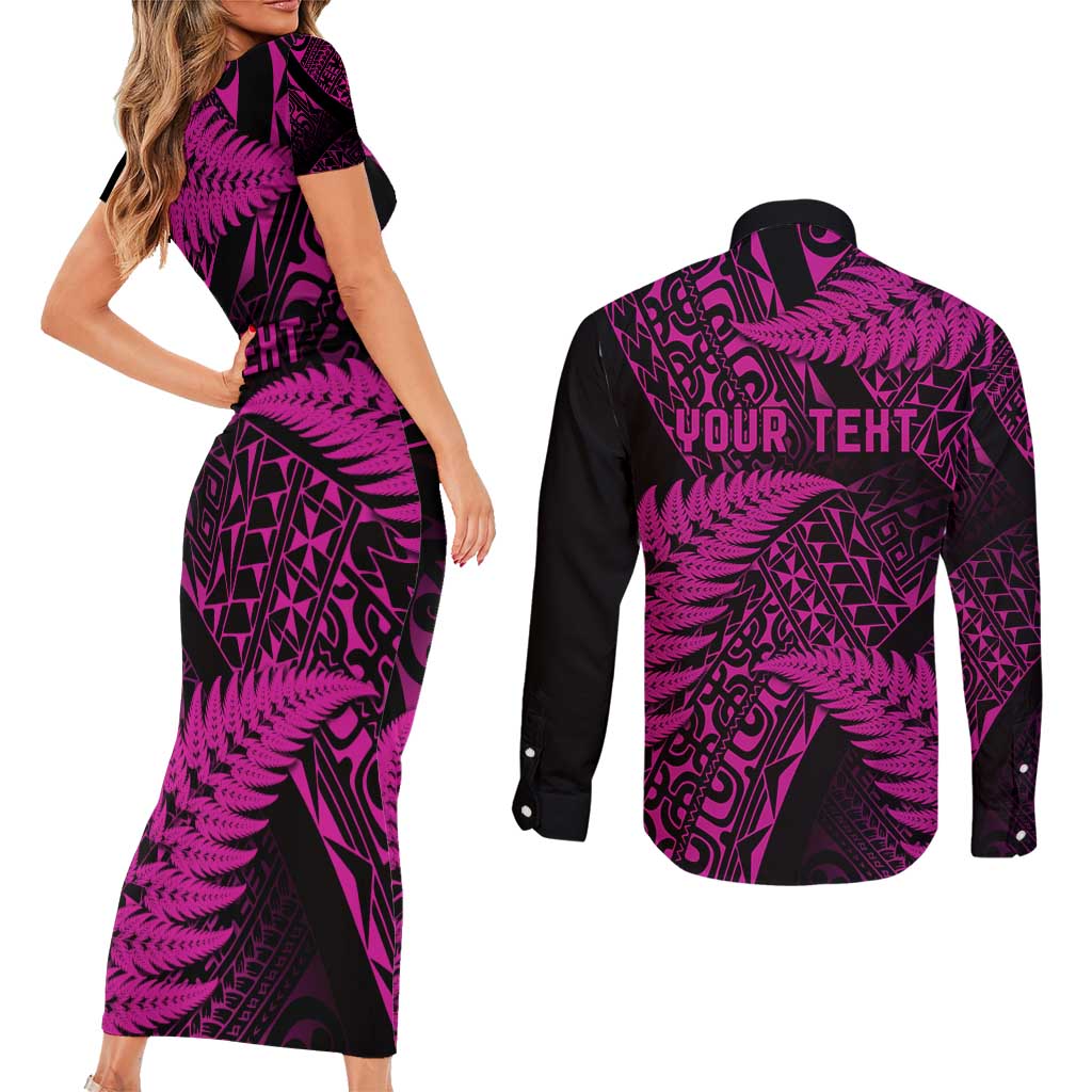 New Zealand Rugby Pacific Personalised Couples Matching Short Sleeve Bodycon Dress and Long Sleeve Button Shirt All Pink Maori Pasifika Fern Pattern LT9 - Polynesian Pride