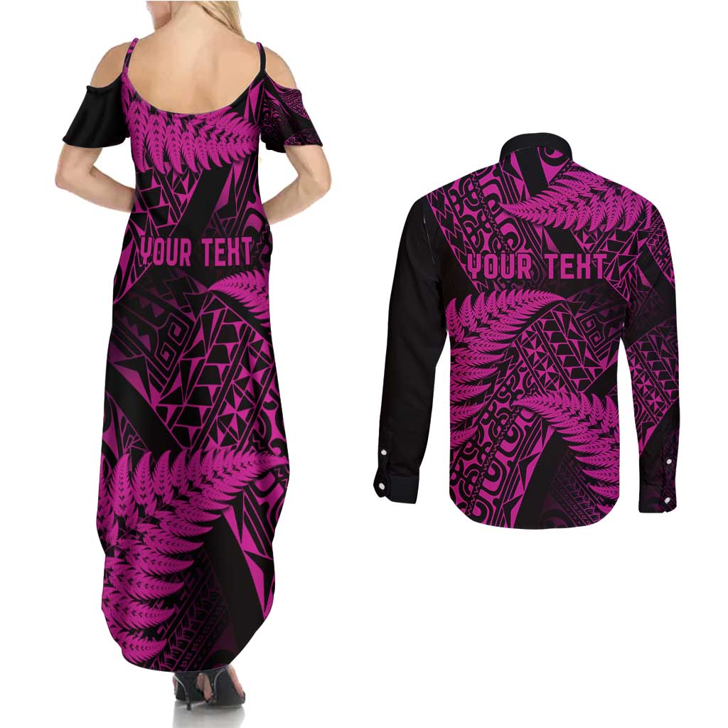 New Zealand Rugby Pacific Personalised Couples Matching Summer Maxi Dress and Long Sleeve Button Shirt All Pink Maori Pasifika Fern Pattern LT9 - Polynesian Pride