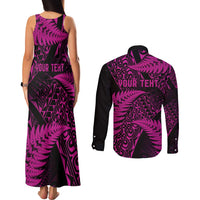 New Zealand Rugby Pacific Personalised Couples Matching Tank Maxi Dress and Long Sleeve Button Shirt All Pink Maori Pasifika Fern Pattern LT9 - Polynesian Pride