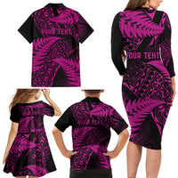 New Zealand Rugby Pacific Personalised Family Matching Long Sleeve Bodycon Dress and Hawaiian Shirt All Pink Maori Pasifika Fern Pattern LT9 - Polynesian Pride