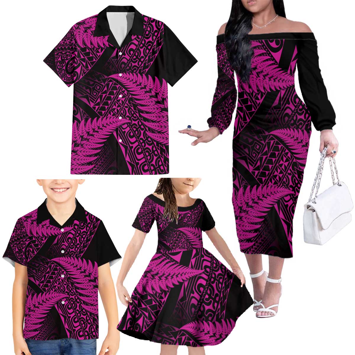 New Zealand Rugby Pacific Personalised Family Matching Off The Shoulder Long Sleeve Dress and Hawaiian Shirt All Pink Maori Pasifika Fern Pattern LT9 - Polynesian Pride