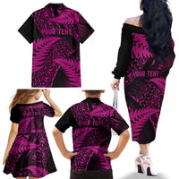 New Zealand Rugby Pacific Personalised Family Matching Off The Shoulder Long Sleeve Dress and Hawaiian Shirt All Pink Maori Pasifika Fern Pattern LT9 - Polynesian Pride