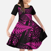 New Zealand Rugby Pacific Personalised Family Matching Off Shoulder Maxi Dress and Hawaiian Shirt All Pink Maori Pasifika Fern Pattern LT9 Daughter's Dress Pink - Polynesian Pride