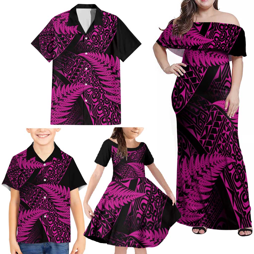 New Zealand Rugby Pacific Personalised Family Matching Off Shoulder Maxi Dress and Hawaiian Shirt All Pink Maori Pasifika Fern Pattern LT9 - Polynesian Pride