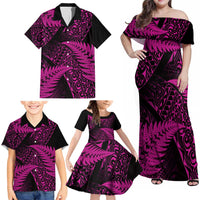 New Zealand Rugby Pacific Personalised Family Matching Off Shoulder Maxi Dress and Hawaiian Shirt All Pink Maori Pasifika Fern Pattern LT9 - Polynesian Pride