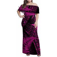 New Zealand Rugby Pacific Personalised Family Matching Off Shoulder Maxi Dress and Hawaiian Shirt All Pink Maori Pasifika Fern Pattern LT9 Mom's Dress Pink - Polynesian Pride