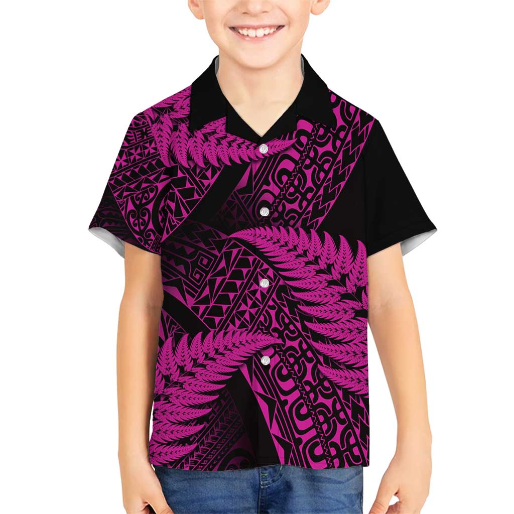 New Zealand Rugby Pacific Personalised Family Matching Off Shoulder Maxi Dress and Hawaiian Shirt All Pink Maori Pasifika Fern Pattern LT9 Son's Shirt Pink - Polynesian Pride