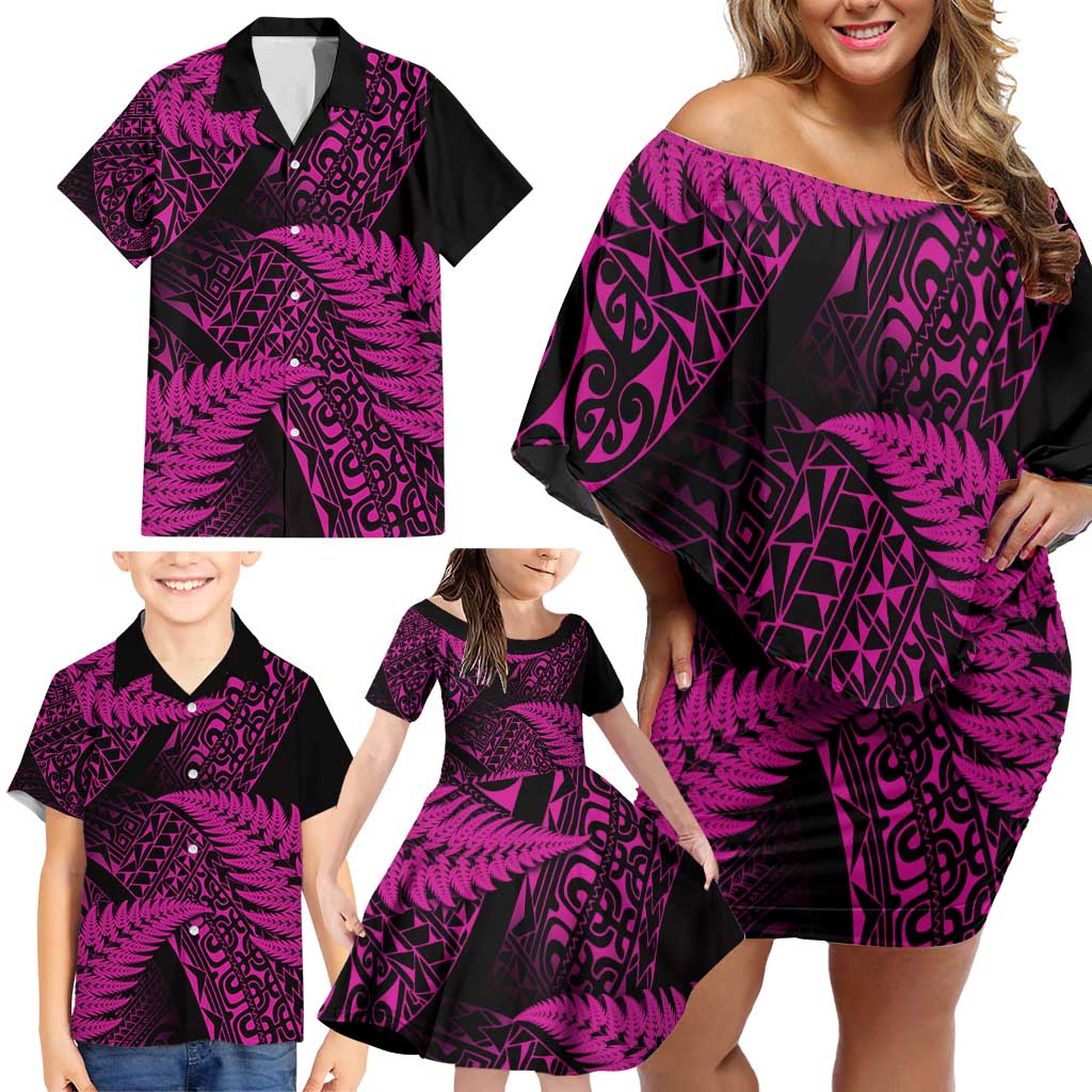 New Zealand Rugby Pacific Personalised Family Matching Off Shoulder Short Dress and Hawaiian Shirt All Pink Maori Pasifika Fern Pattern LT9 - Polynesian Pride