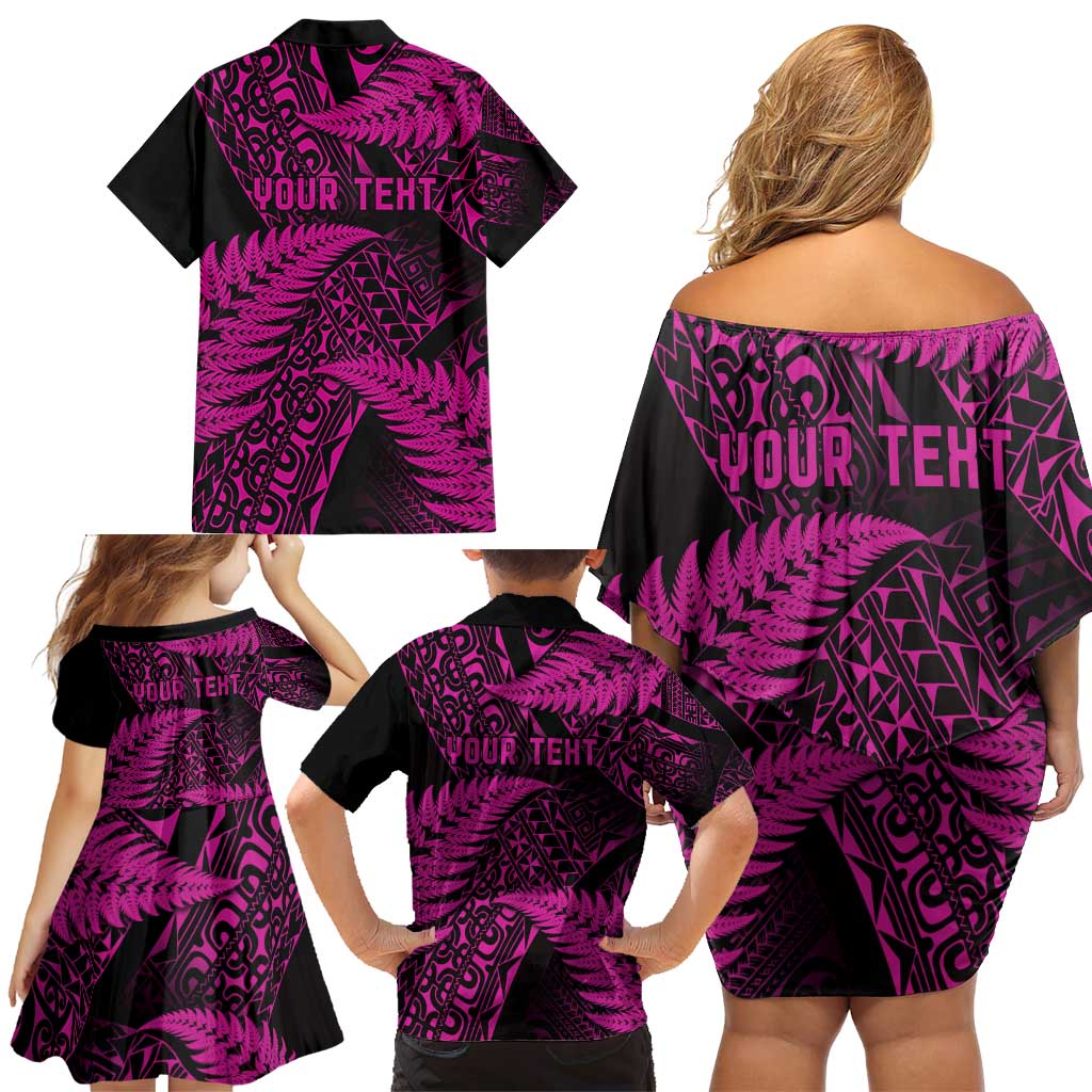 New Zealand Rugby Pacific Personalised Family Matching Off Shoulder Short Dress and Hawaiian Shirt All Pink Maori Pasifika Fern Pattern LT9 - Polynesian Pride