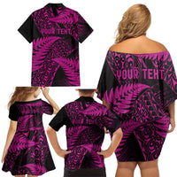 New Zealand Rugby Pacific Personalised Family Matching Off Shoulder Short Dress and Hawaiian Shirt All Pink Maori Pasifika Fern Pattern LT9 - Polynesian Pride