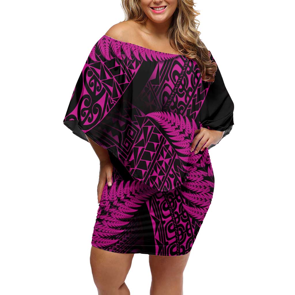New Zealand Rugby Pacific Personalised Family Matching Off Shoulder Short Dress and Hawaiian Shirt All Pink Maori Pasifika Fern Pattern LT9 Mom's Dress Pink - Polynesian Pride