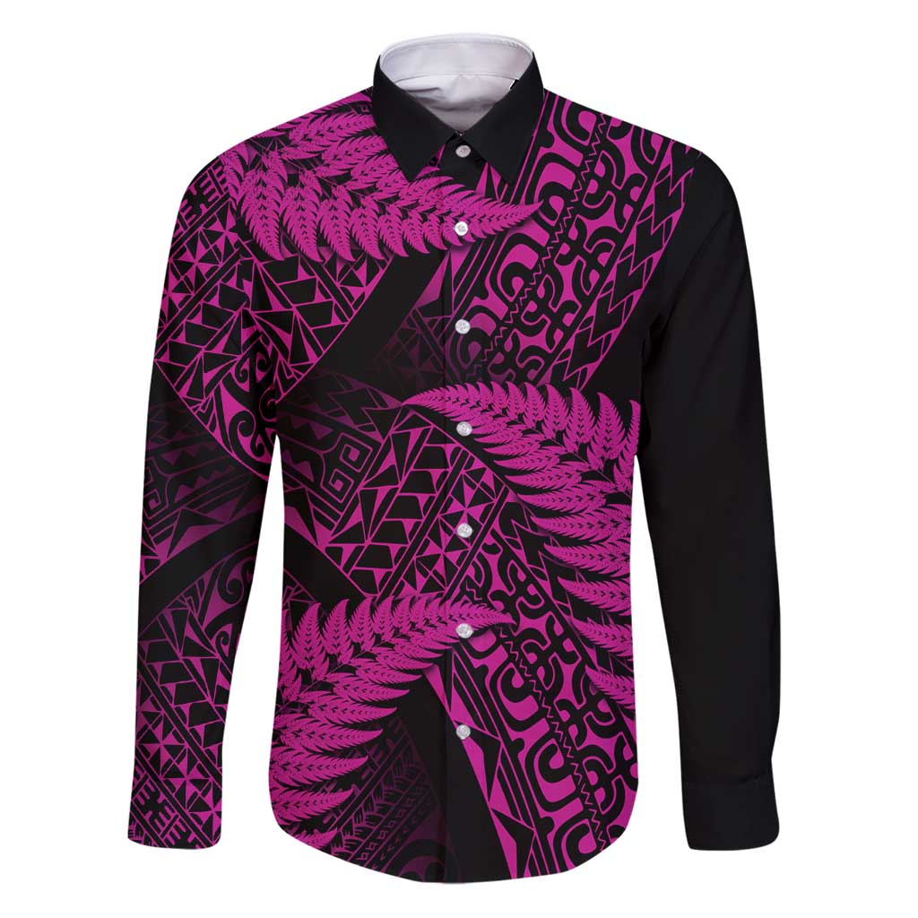 New Zealand Rugby Pacific Personalised Family Matching Puletasi and Hawaiian Shirt All Pink Maori Pasifika Fern Pattern LT9 Dad's Shirt - Long Sleeve Pink - Polynesian Pride