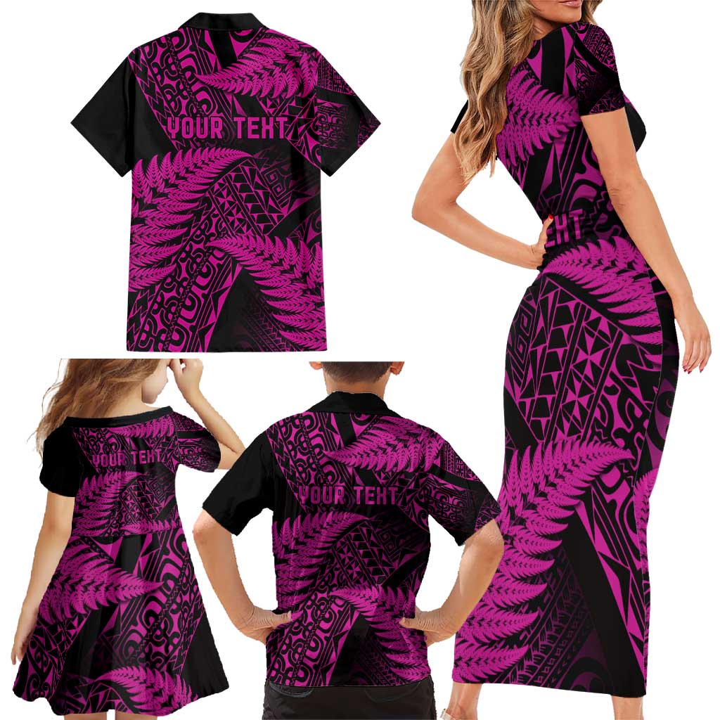 New Zealand Rugby Pacific Personalised Family Matching Short Sleeve Bodycon Dress and Hawaiian Shirt All Pink Maori Pasifika Fern Pattern LT9 - Polynesian Pride