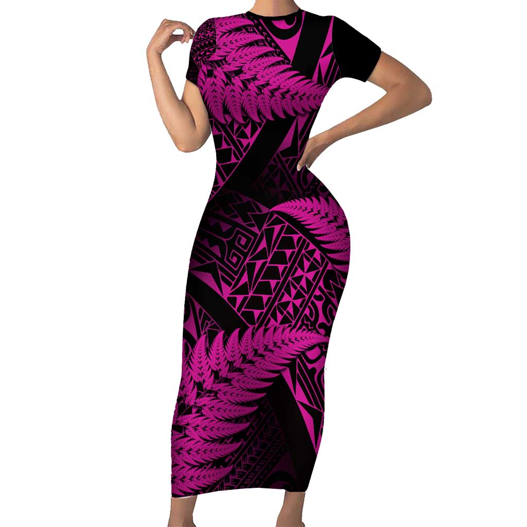 New Zealand Rugby Pacific Personalised Family Matching Short Sleeve Bodycon Dress and Hawaiian Shirt All Pink Maori Pasifika Fern Pattern LT9 Mom's Dress Pink - Polynesian Pride