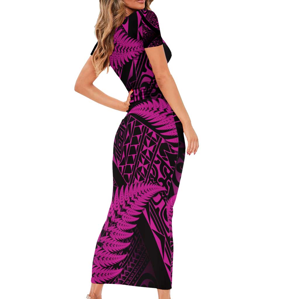 New Zealand Rugby Pacific Personalised Family Matching Short Sleeve Bodycon Dress and Hawaiian Shirt All Pink Maori Pasifika Fern Pattern LT9 - Polynesian Pride