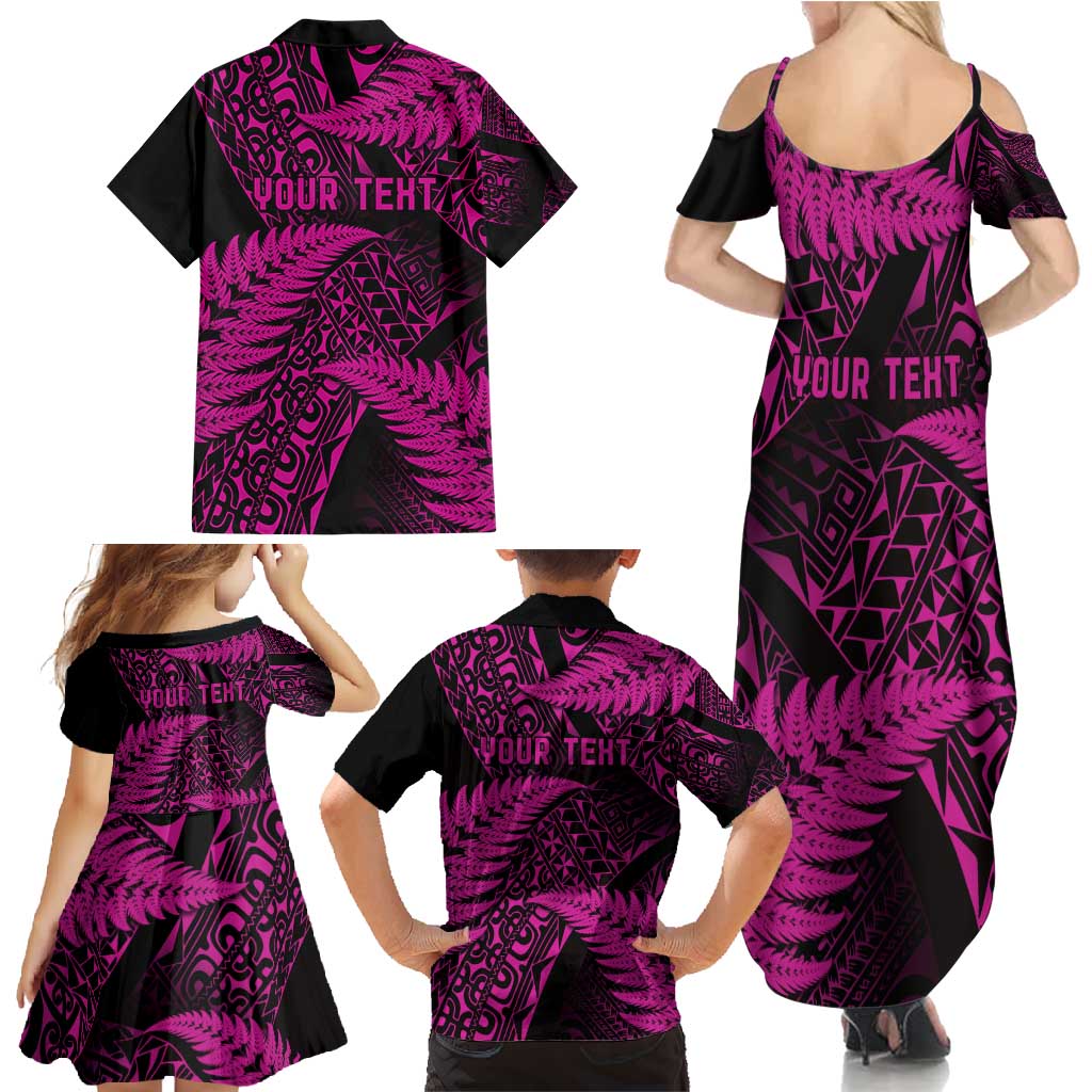 New Zealand Rugby Pacific Personalised Family Matching Summer Maxi Dress and Hawaiian Shirt All Pink Maori Pasifika Fern Pattern LT9 - Polynesian Pride