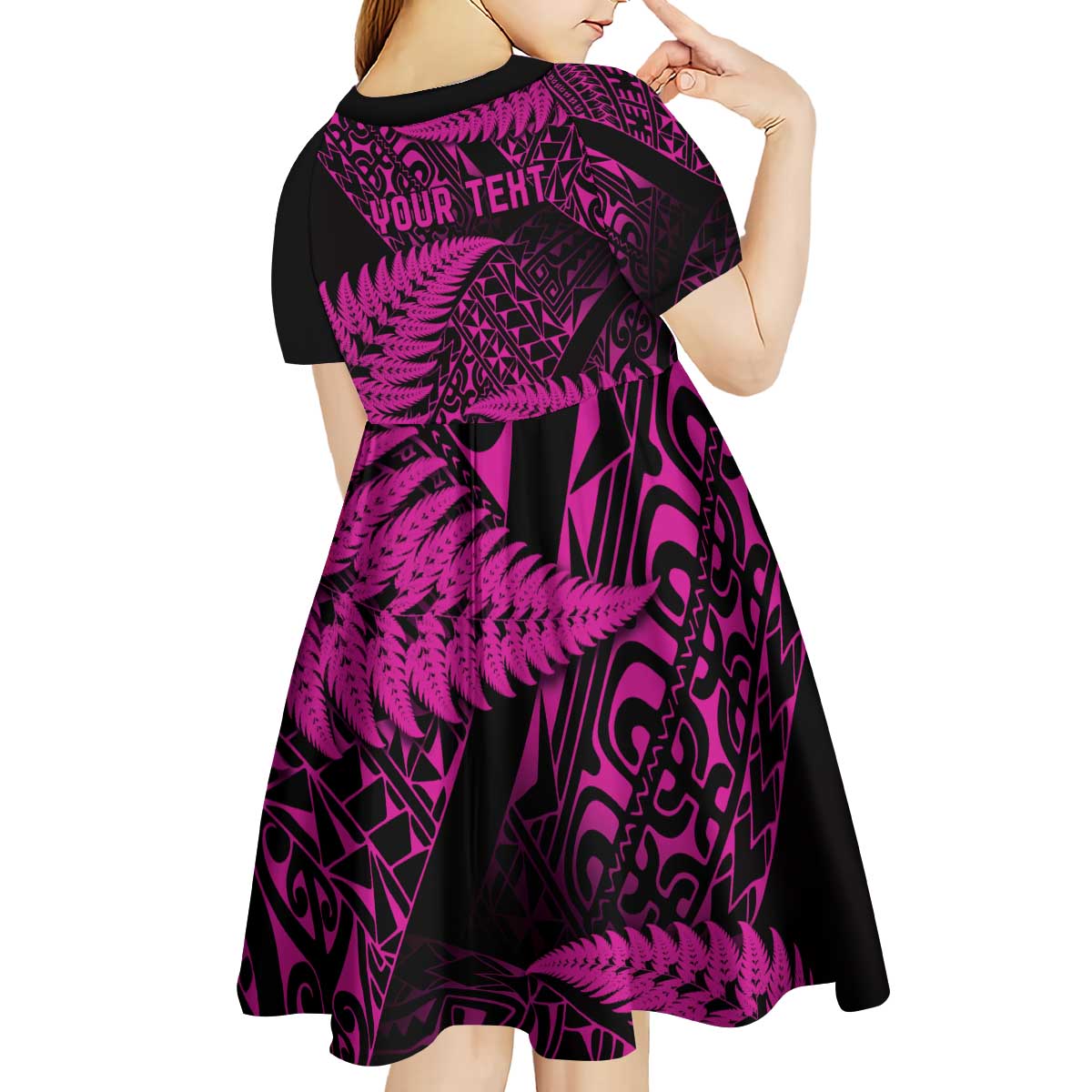 New Zealand Rugby Pacific Personalised Kid Short Sleeve Dress All Pink Maori Pasifika Fern Pattern