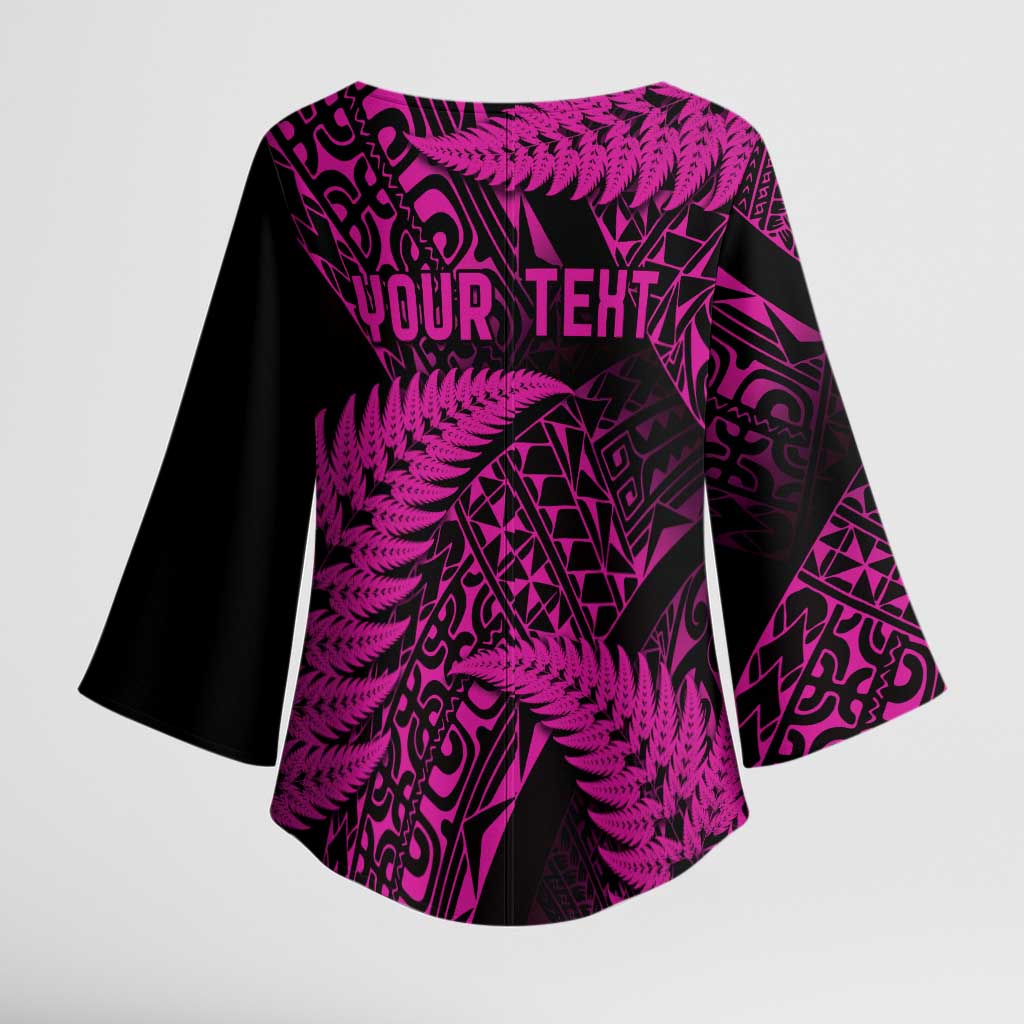 New Zealand Rugby Pacific Personalised Kimono Sleeve Blouse All Pink Maori Pasifika Fern Pattern - Polynesian Pride