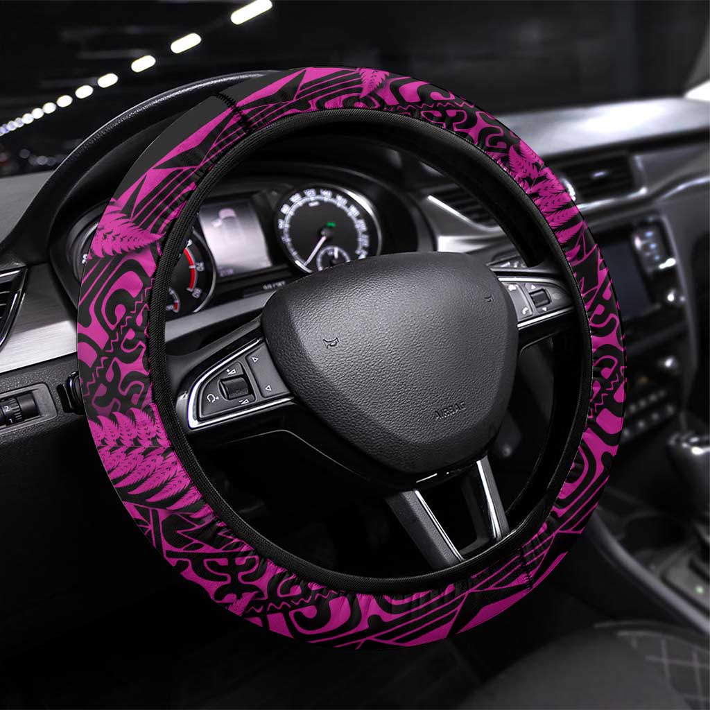 New Zealand Rugby Pacific Steering Wheel Cover All Pink Maori Pasifika Fern Pattern LT9 Universal Fit Pink - Polynesian Pride