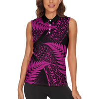 New Zealand Rugby Pacific Personalised Women Sleeveless Polo Shirt All Pink Maori Pasifika Fern Pattern