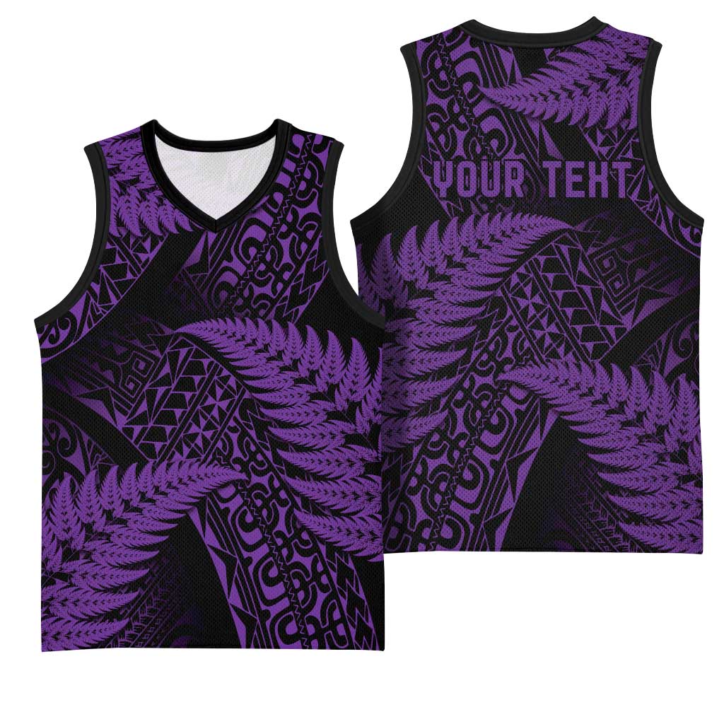 New Zealand Rugby Pacific Personalised Basketball Jersey All Purple Maori Pasifika Fern Pattern - Polynesian Pride