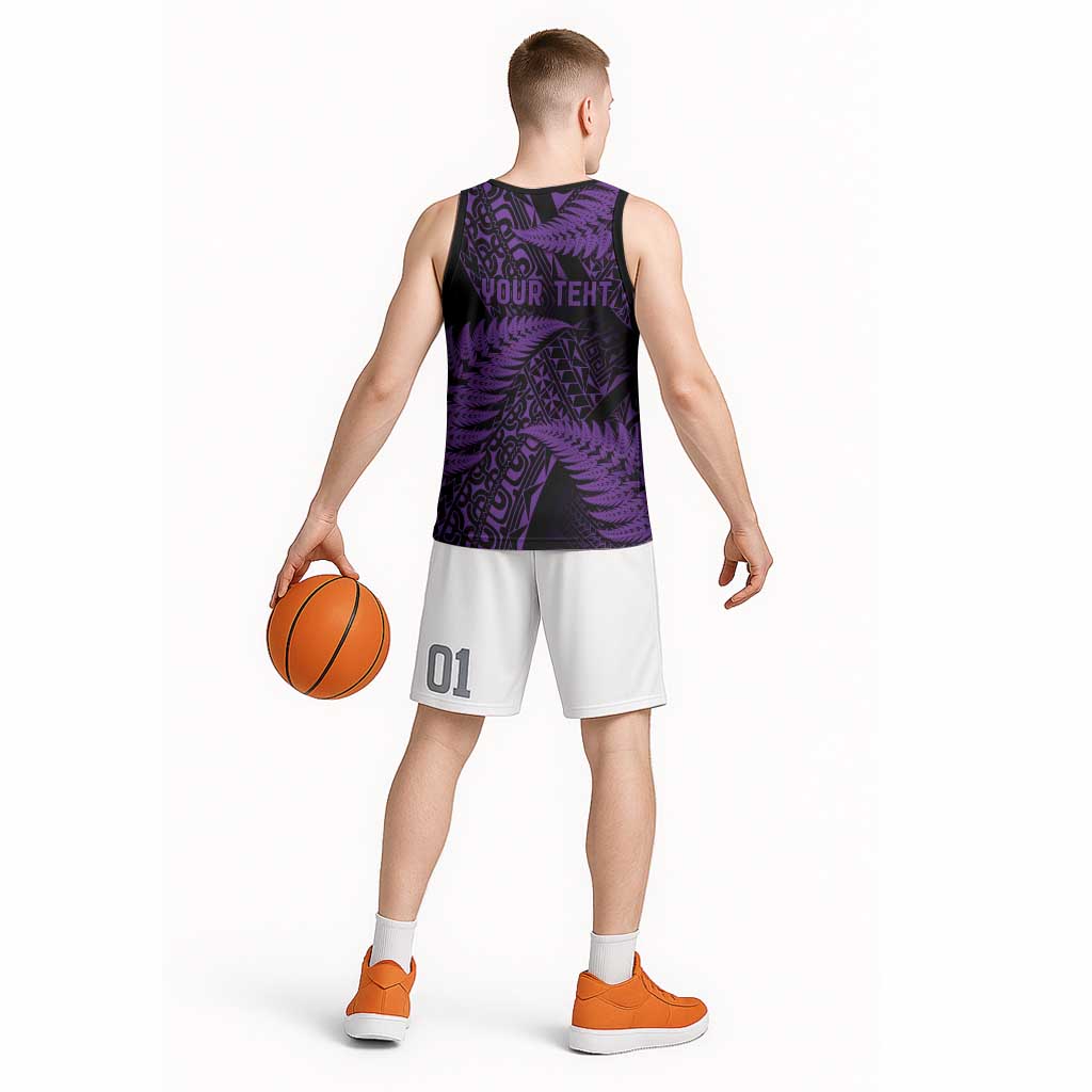 New Zealand Rugby Pacific Personalised Basketball Jersey All Purple Maori Pasifika Fern Pattern - Polynesian Pride
