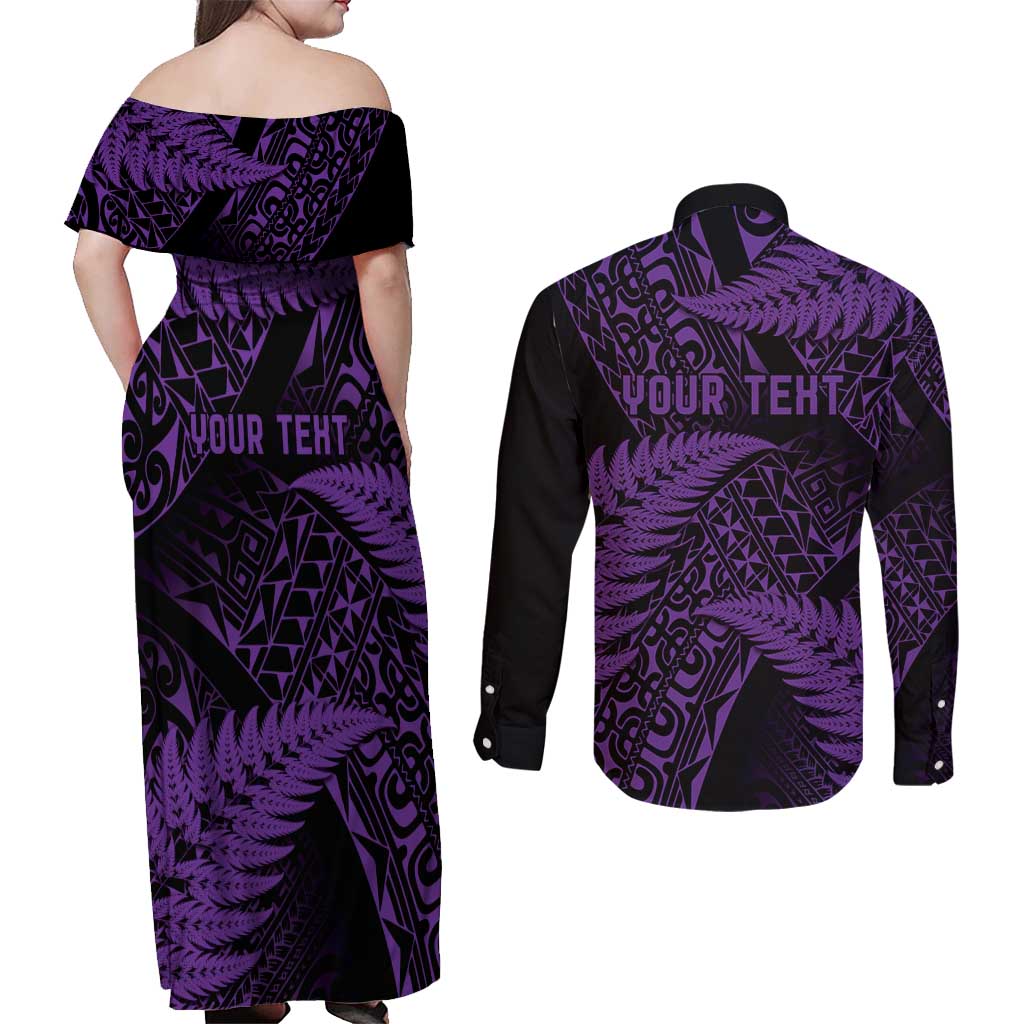 New Zealand Rugby Pacific Personalised Couples Matching Off Shoulder Maxi Dress and Long Sleeve Button Shirt All Purple Maori Pasifika Fern Pattern LT9 - Polynesian Pride