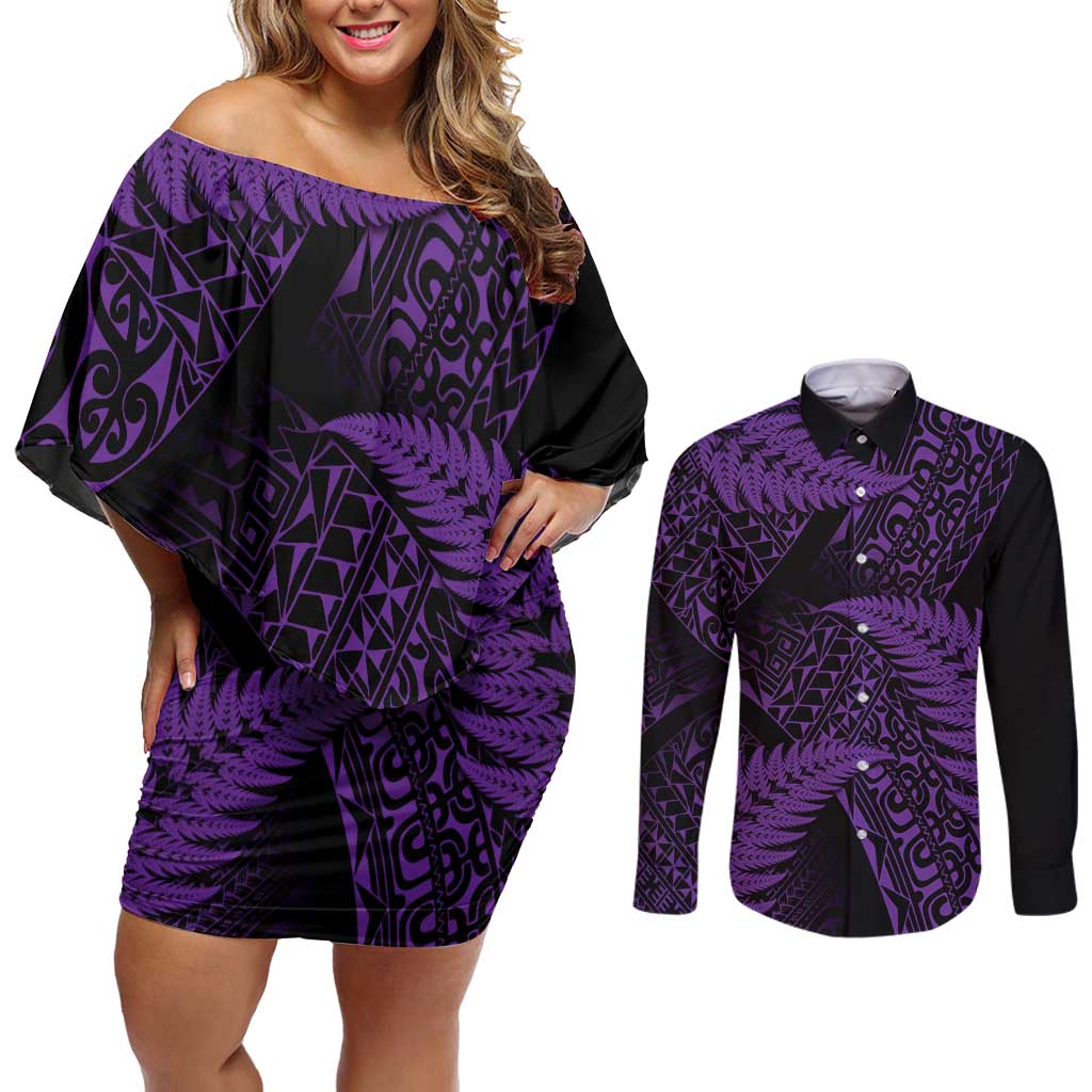 New Zealand Rugby Pacific Personalised Couples Matching Off Shoulder Short Dress and Long Sleeve Button Shirt All Purple Maori Pasifika Fern Pattern LT9 Purple - Polynesian Pride