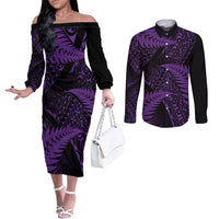 New Zealand Rugby Pacific Personalised Couples Matching Off The Shoulder Long Sleeve Dress and Long Sleeve Button Shirt All Purple Maori Pasifika Fern Pattern LT9 Purple - Polynesian Pride