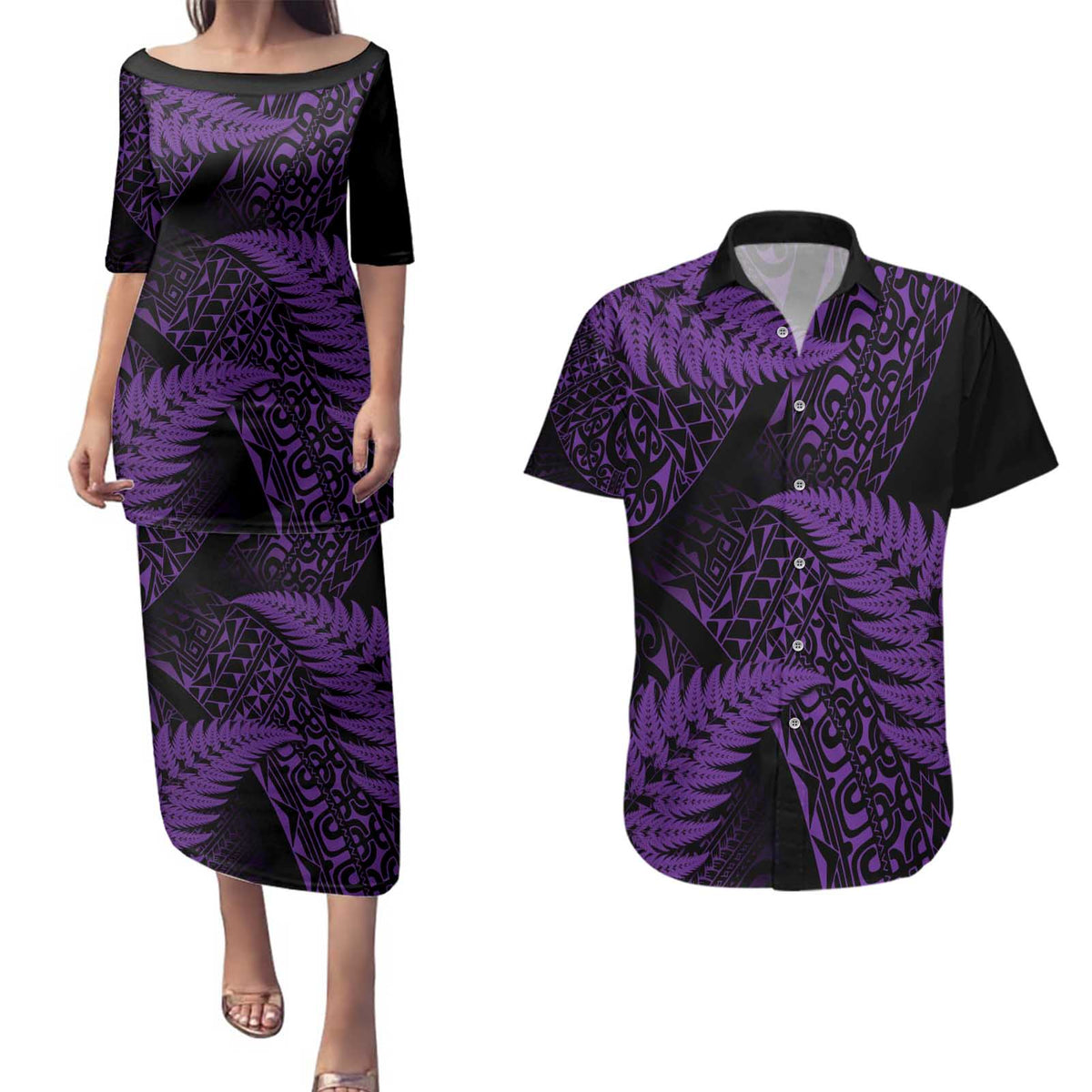 New Zealand Rugby Pacific Personalised Couples Matching Puletasi and Hawaiian Shirt All Purple Maori Pasifika Fern Pattern LT9 Purple - Polynesian Pride