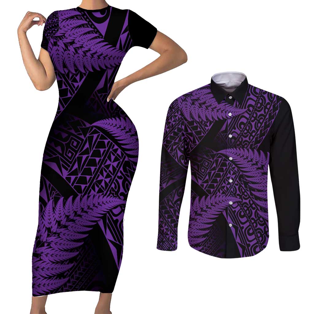 New Zealand Rugby Pacific Personalised Couples Matching Short Sleeve Bodycon Dress and Long Sleeve Button Shirt All Purple Maori Pasifika Fern Pattern LT9 Purple - Polynesian Pride
