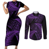 New Zealand Rugby Pacific Personalised Couples Matching Short Sleeve Bodycon Dress and Long Sleeve Button Shirt All Purple Maori Pasifika Fern Pattern LT9 Purple - Polynesian Pride