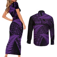 New Zealand Rugby Pacific Personalised Couples Matching Short Sleeve Bodycon Dress and Long Sleeve Button Shirt All Purple Maori Pasifika Fern Pattern LT9 - Polynesian Pride