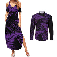 New Zealand Rugby Pacific Personalised Couples Matching Summer Maxi Dress and Long Sleeve Button Shirt All Purple Maori Pasifika Fern Pattern LT9 Purple - Polynesian Pride