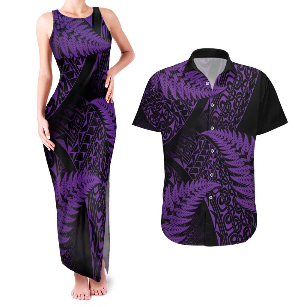 New Zealand Rugby Pacific Personalised Couples Matching Tank Maxi Dress and Hawaiian Shirt All Purple Maori Pasifika Fern Pattern LT9 Purple - Polynesian Pride