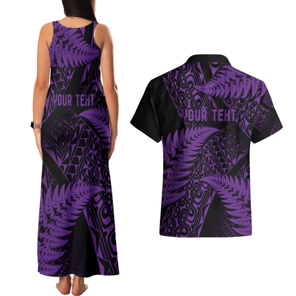 New Zealand Rugby Pacific Personalised Couples Matching Tank Maxi Dress and Hawaiian Shirt All Purple Maori Pasifika Fern Pattern LT9 - Polynesian Pride