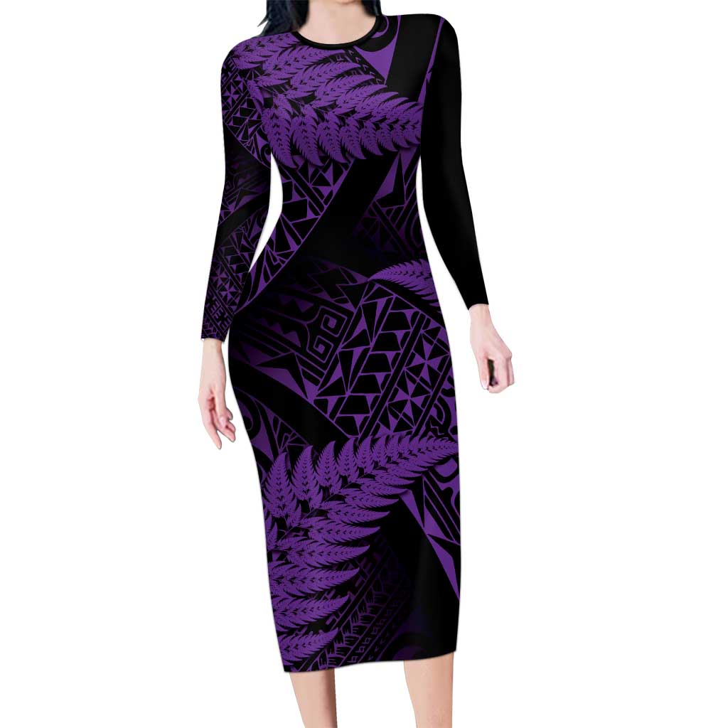 New Zealand Rugby Pacific Personalised Family Matching Long Sleeve Bodycon Dress and Hawaiian Shirt All Purple Maori Pasifika Fern Pattern LT9 Mom's Dress Purple - Polynesian Pride